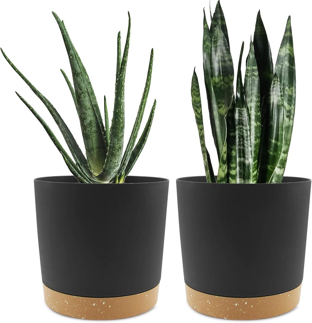 QCQHDU 8 inch Plant Pot, 2 Pack Planters for Indoor Plants with Drainage Holes & Saucer, Outdoor Flower Pots Home Garden Modern Decor (Dark Grey)