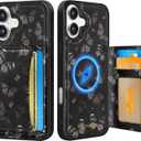 Uppuppy for iPhone 16 Wallet Case - Fits 4 Card Slots, Compatible with MagSafe for Women Aesthetic Durable PU Leather Credit Card Holder Kickstand Phone Cover for Apple 16, Black Butterfly