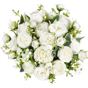 Mkono Peonies Artificial Flowers, Small Silk Flowers for Home Decor Indoor Fake Bouquet Faux Floral Arrangements Dining Table Centerpieces for Kitchen Party Decor White