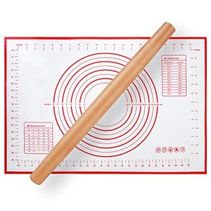Wood French Rolling Pin for Baking, QUELLANCE Wooden Dough Roller with Silicone Baking Mat, Beech Wood Rolling Pins for Baking Dough, Pizza, Pie, Pastries, Pasta and Cookies,Red Pastry Mat