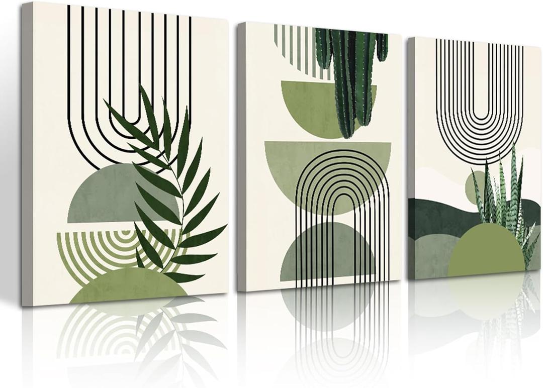 WENGTIAO Boho Sage Green Canvas Wall Art Set of 3, Framed Minimalist Aesthetic Botanical Wall Pictures Geometric Line Plants Leaf Artwork Paintings Room Decor for Bedroom Living Room Office 16"x24"x3