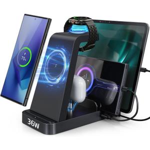 WHJ 5 in 1 Wireless Charger for Samsung, Android Fast Charging Station for Samsung Galaxy S25/S24 Ultra/S23/S22/S21/Note 20/Z Fold 7/6/5, Charger for Galaxy Watch Ultra/7/6/5, Galaxy Buds 2/2 Pro (Black)