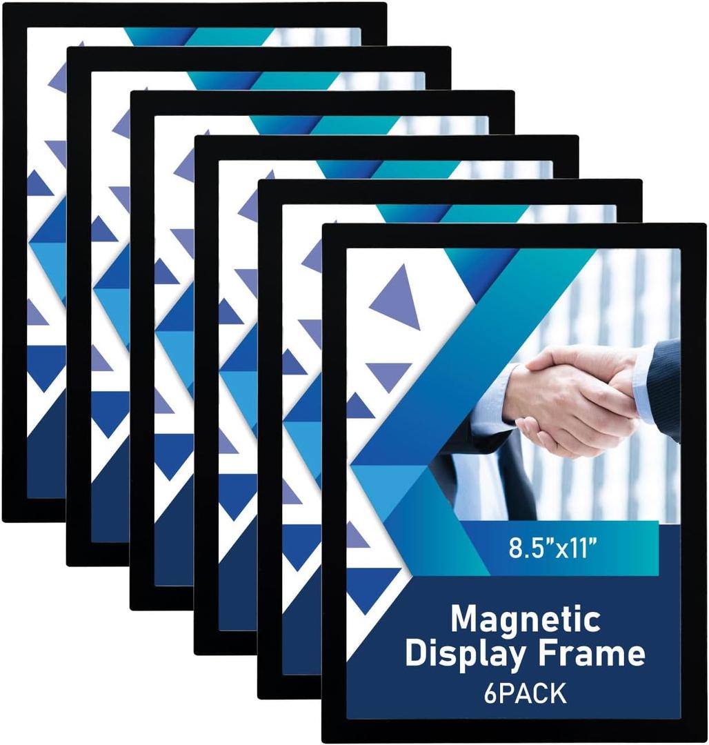 Magnetic Sign Holder - 8.511" Wall Mounted Self-Adhesive Magnetic Paper Holder,Transparent Wall Display Frame with Black Edge,Suitable for Office, Store, Mall, Home (Black, 8.5x11-6 Pack)