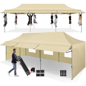 COBIZI 10x30 Pop Up Canopy Tent with Awning,Heavy Duty Canopy UPF 50+ All Season Wind Waterproof Commercial Outdoor Street Vendors Party Tents for Parties Canopy with Roller Bag(10 x 30 ft Khaki)