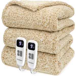Heated Blanket Electric Blanket Queen - Fast Heating Blanket Throw Dual Control Double Sided Sherpa with 10 Heating Levels & 2-10 Hours Auto Off, Mashine Washable, 84 x 90 Inches, Camel