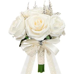 Verichy 8.5 Inches Wedding Bouquet Cream Artificial Flower Bouquet 15 Faux Roses for Bride Wedding Marriage Proposal Party Church Decoration