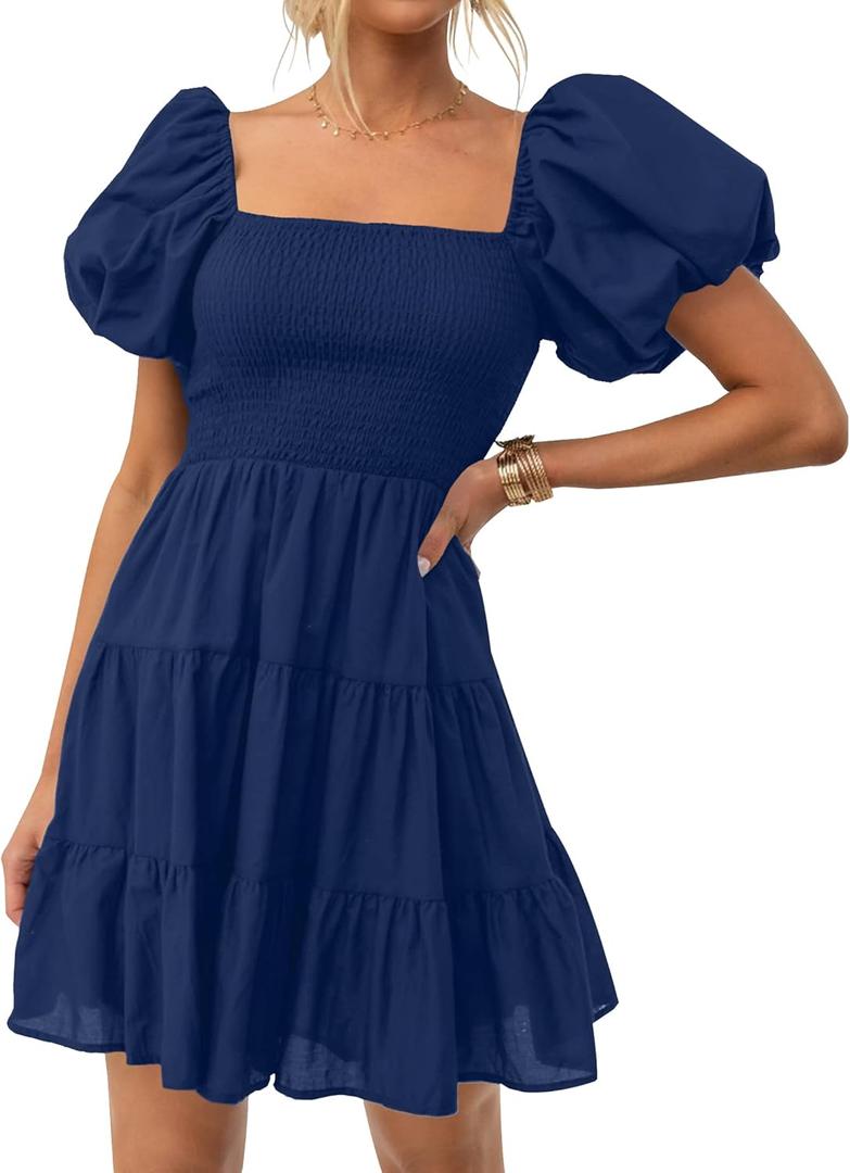 ZESICA Women's Boho 2025 Summer Square Neck Puff Sleeve Off Shoulder Smocked Tiered Casual A Line Short Mini Dress
