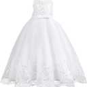 Flower Girl Lace Dress for Kids Wedding Bridesmaid Pageant Party Formal Long Gown Princess Communion Tulle Bow Dresses, White 9-10Y