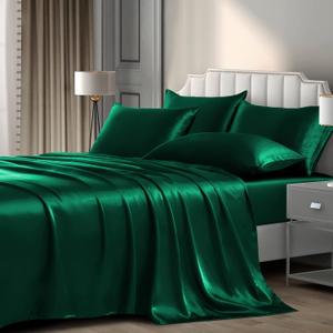 Pothuiny 6 Pieces Queen Satin Sheets Luxury Silky Blackish Green Satin Bedding Sheet Set, 1 Deep Pocket Fitted Sheet + 1 Flat Sheet + 4 Pillow Cases