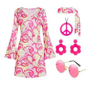 Deerjoke 60s 70s Disco Outfit Hippie Costume Women, 1970 Style Clothes Dress Accessories Jewelry Halloween (Pink, XXLarge)