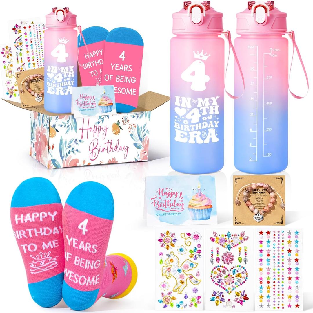4 Year Old Girl Birthday Gifts  Gifts for 4 Year Old Girl, Best Gift Ideas for 4th Girls Birthday Decorations with Water Bottle, Socks, Bracelet, DIY Diamond Kit