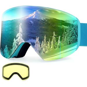 Ski Goggles Anti Fog UV Protection Dual Detachable Lens Frameless Snowboard Goggles for Men Women Youth (Revo Gold Lens Vlt 8%)