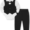 Baby Boy Clothes Suits Infant Gentleman Wedding Outfit Formal Dress Shirt Vest Bowtie Pants 4Pcs Baby Suit Sets (3-6 Months, Black)
