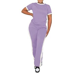 PINSV Women's 2 Piece Outfits Short Sleeve Tops Sweatpants Colorblock Bodycon Lounge Sets Tracksuit (XL)
