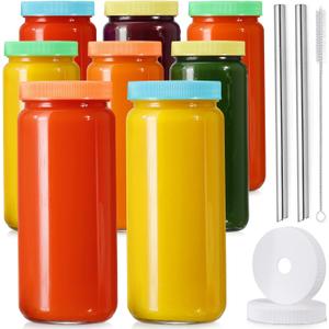 8 Pack Glass Juicing Bottle Drinking Jars with 2 Straws & 2 Lids w Hole- 16 OZ Travel Water Cups with Colored Airtight Lids, Reusable Tall Mason Jar for Juice, Bubble Tea, Smoothie, Tea, Kombucha