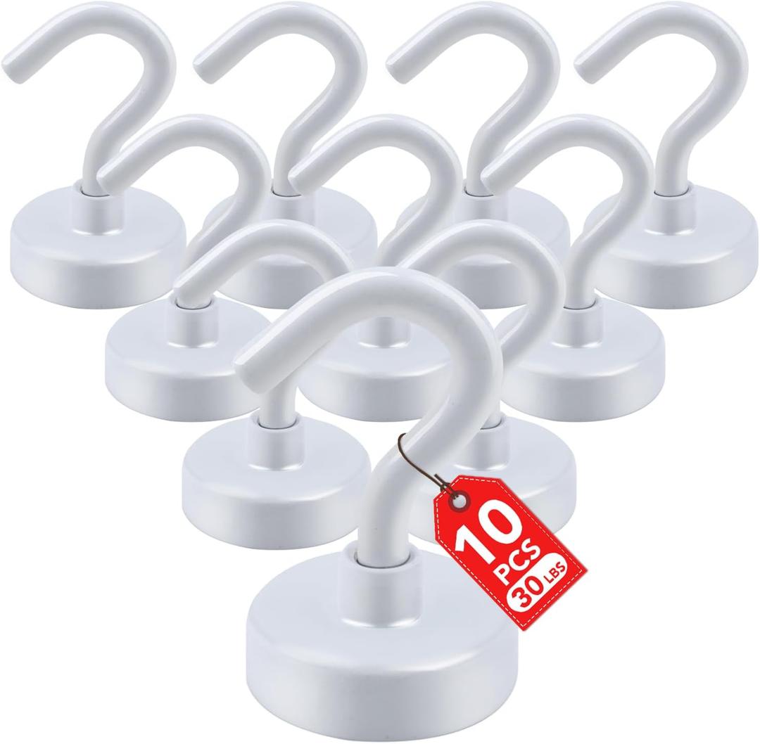 E BAVITE Magnetic Hooks, 30lbs+ 2026 Cruise Cabin Ship Essentials Magnet Hook Heavy Duty Strong Magnets Refrigerator Fridge Hanging for Classroom Beach Vacation Kitchen Grills Home 10 Pack (White)