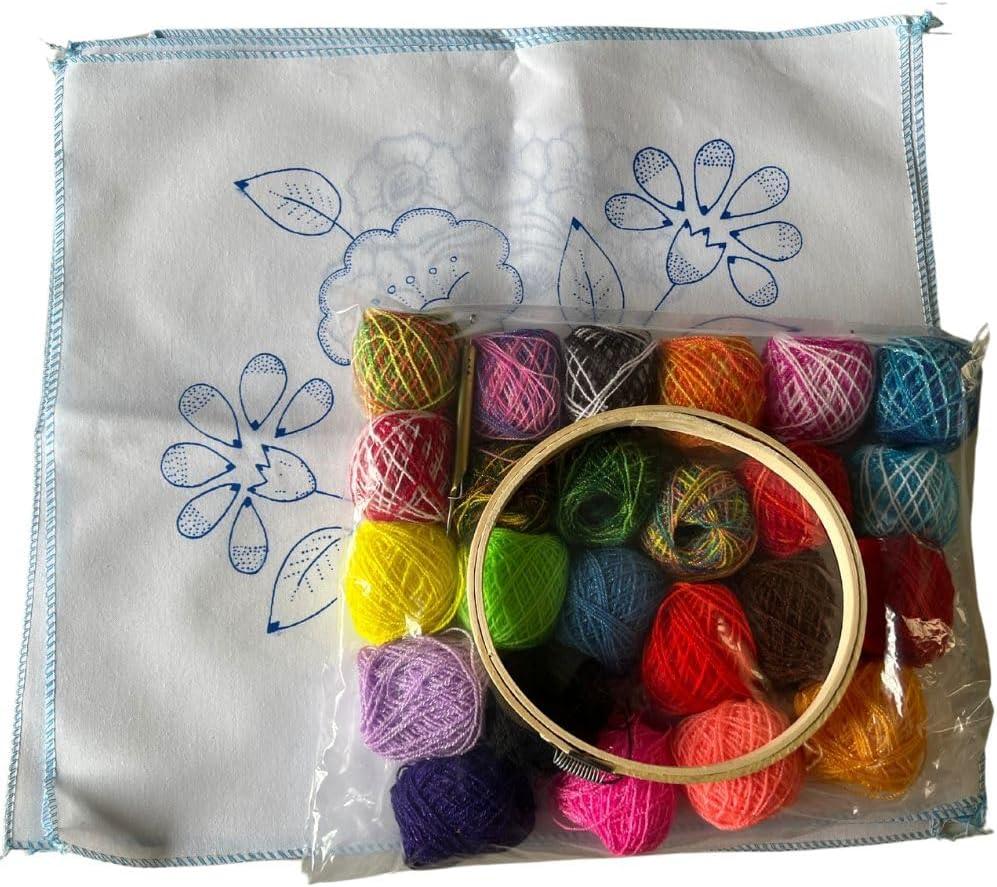 Mexican Embroidery Kit, 4 Napkins (17.7 x 16.5 inches), 24 Embroidery Floss, Embroidery Needle, Hoop