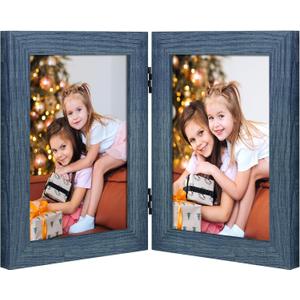 Frametory, 5x7 Double Hinged Picture Frame with Glass Front, Engineered Wood Two Photo Frame Collage for Vertical Display, Side by Side Standing Frame (Blue, 1 Pack)