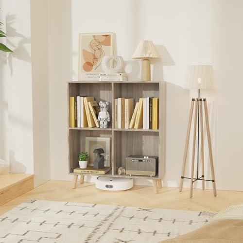 Lkeiyay Wooden 4 Cube Open Bookcase,2 Tier Mid-Century Bookshelf with Legs, Modern Storage Display Cabinet Organizer Bookshelves for Bedroom,Living Room,Office (Grey)