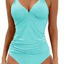B2prity Halter Tankini Swimsuit for Women Tummy Control Two Piece Bathing Suit V Neck Swimwear with Shorts, Large 