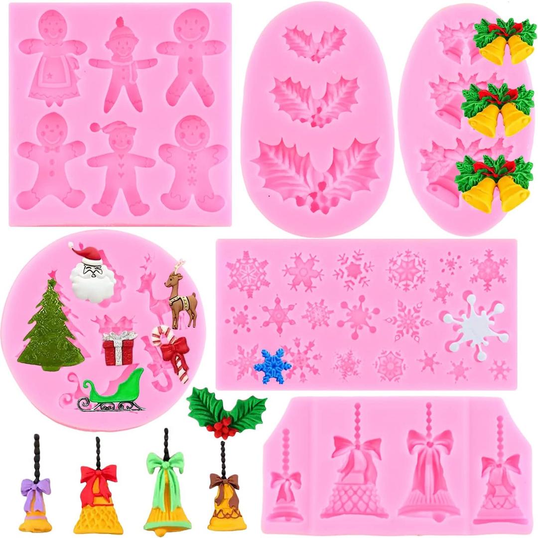 3 x Christmas Silicone Molds Christmas Tree Fondant Mold Christmas Bell Gingerbread Snowflake Reindeer Holly Leaves Molds For Xmas New Year Party Cake Cupcake Decoration Set Of 6