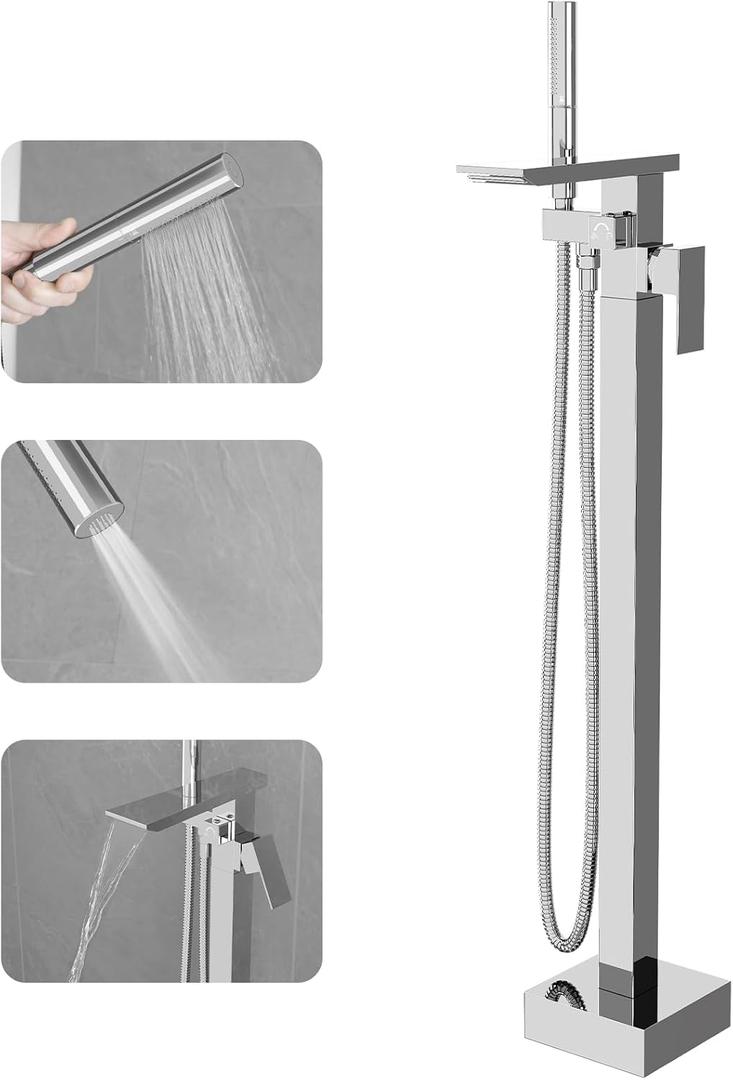 RUMOSE Polished Chrome Bathtub Filler Freestanding Tub Filler Floor Mount Tub Faucet Waterfall Bathtub Faucet with CUPC Certified High Flow Brass Bath Shower Faucets with Handheld Sprayer