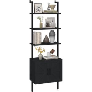 Yusong 73" Tall Bookshelf with Cabinet, Industrial Ladder Wall Mount Shelf Farmhouse Bookcase with Wood and Metal Frame, Plant Shelf Wall Storage Display for Living Room Bedroom, Farmhouse Black