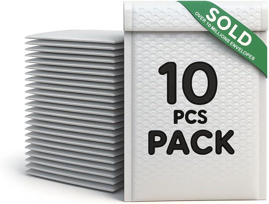 10 Pack 7x11 Inch Poly Bubble Mailers, White Padded Envelopes for Shipping, Self Sealing Waterproof Mailing Bags - Tear-Proof Cushioning, Lightweight Packaging for Business
