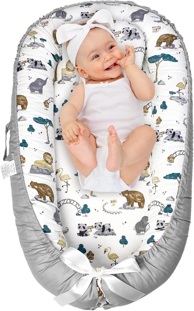 Baby Lounger -Baby Nest for Newborn 0-24 Months, Portable Floor Seat Pillow for Home Use Traveling, Reversible Design - Forest Animal