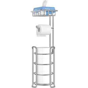 TomCare Toilet Paper Holder Stand with Storage Shelf Tissue Paper Roll Dispenser Free Standing 4 Raised Feet Toilet Paper Storage Metal Bathroom Organizers and Storage
