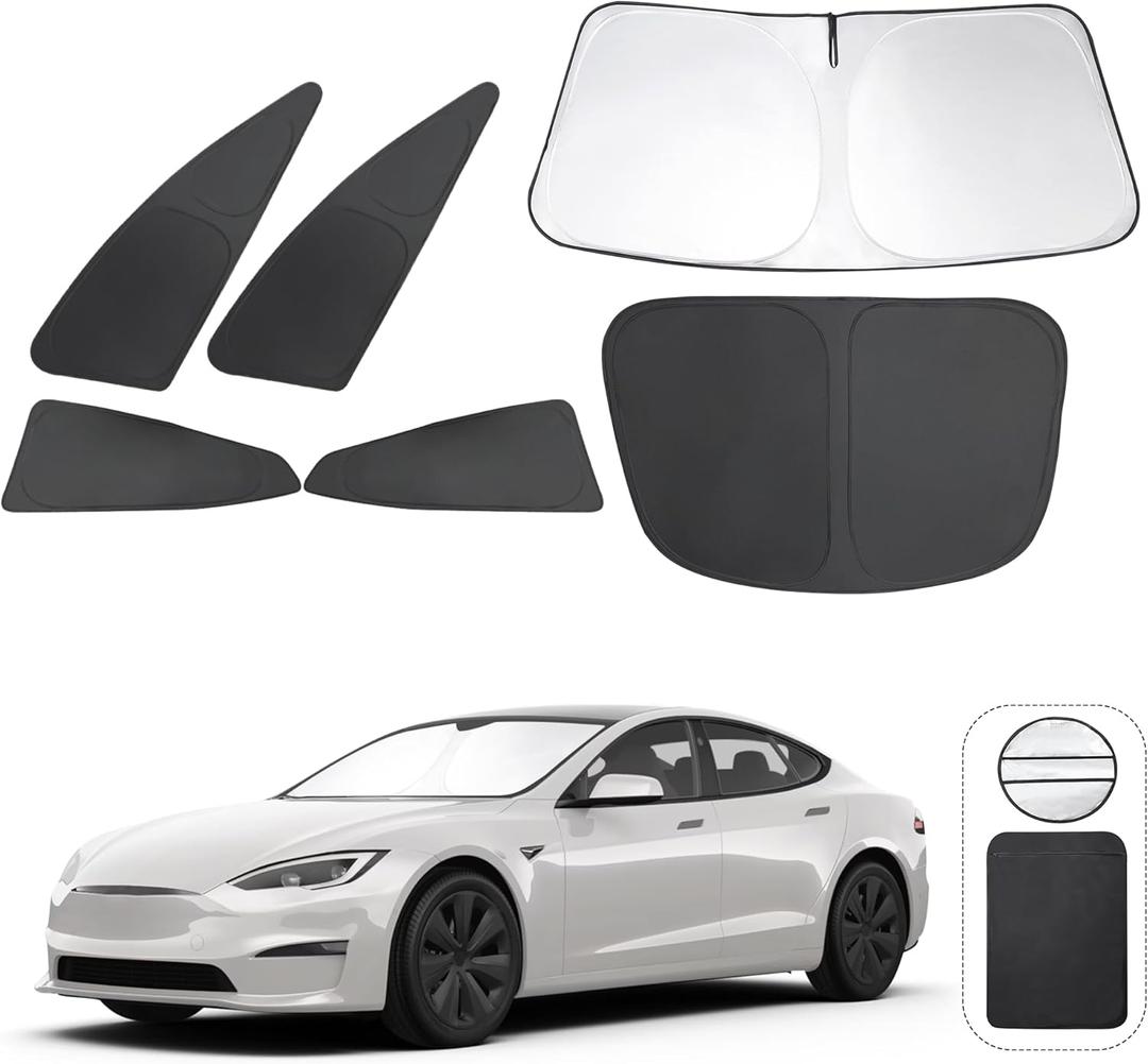 6PCS Windshield Sun Shade Custom Fit for 2023 2024 2025 Tesla Model S Accessories Foldable Sunshade Side Rear Window Shade Cover Full Set Privacy Protection Keeps Car Cool