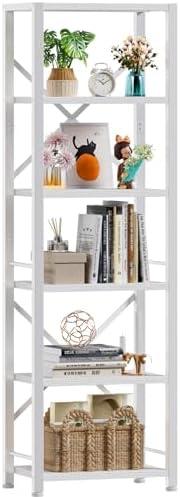 Furologee White Tall Bookshelf, Narrow Bookcase with 6 Shelves, Modern Freestanding Shelf Units, Metal and Wood Display Storage Corner Rack Organizer for Living Room, Home Office, Hallway, Bathroom