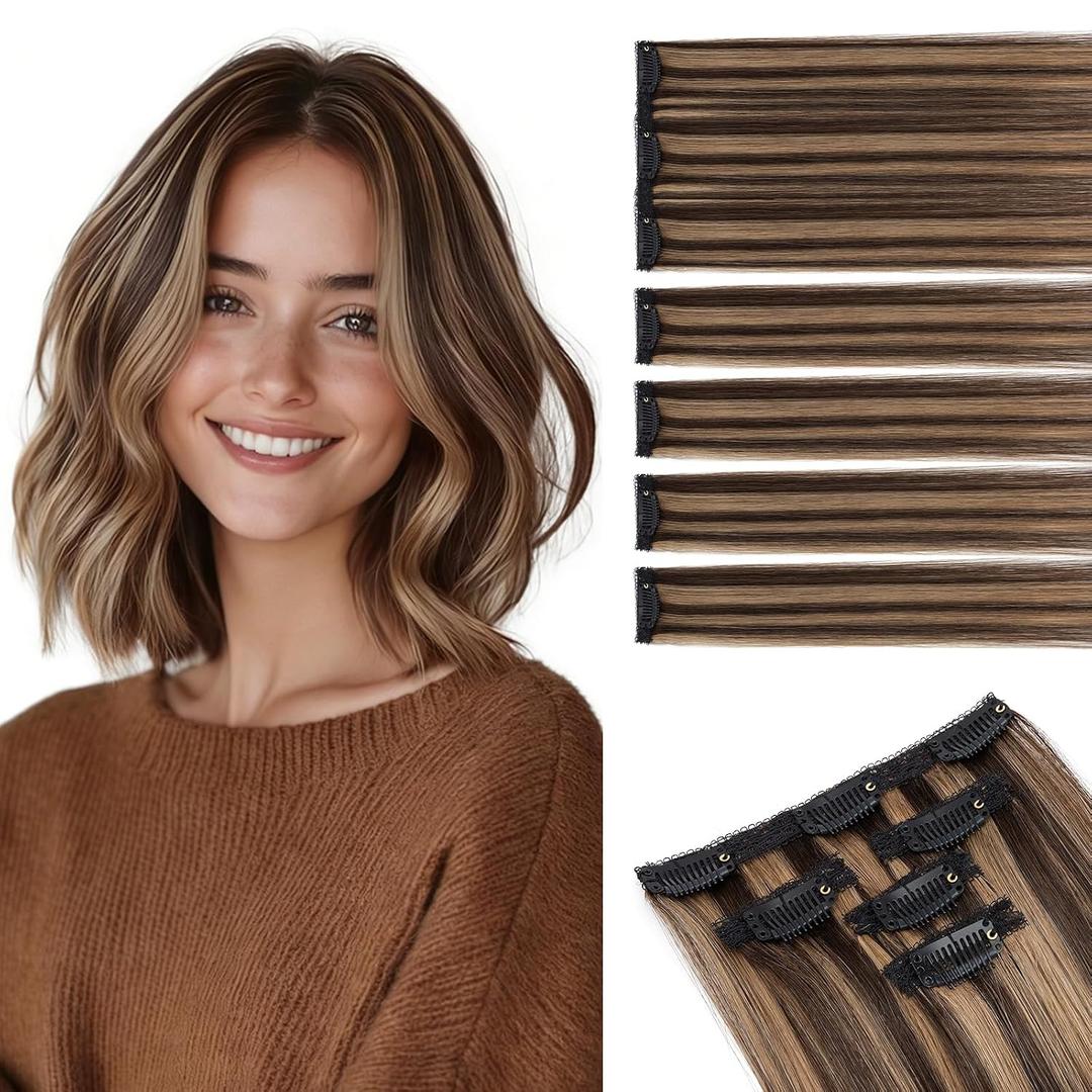 Short Clip in Hair Extensions Real Remy Human Hair,S-noilite Short Hair Extensions Clip ins,Mini Clip in Extensions for Add Volume and Highlights,5 Pieces 38g 12 inch Chestnut Blonde Balayage