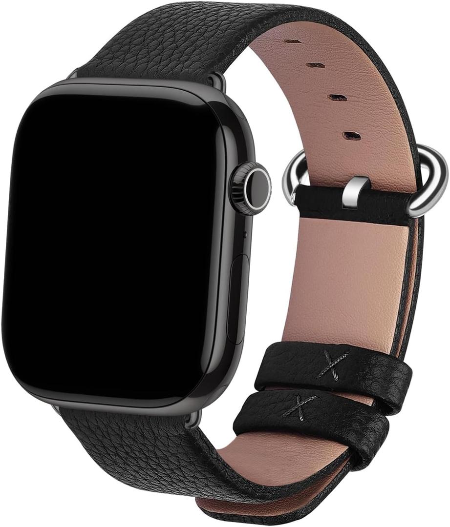 Fullmosa Leather Bands Compatible with Apple Watch Band 41mm 40mm 38mm 42mm 44mm 45mm 46mm 49mm Women Men for iWatch Series 11/10/9/8/7/6/5/4/3/2/1,Ultra3/2/1,SE3/2/1, 42mm 41mm 40mm 38mm, Black/Silver
