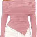 PRETTYGARDEN Women's Off The Shoulder Tops Spring Fashion 2026 Long Sleeve Shirts Going Out Slim Fitted Blouses Fall Clothes (Large, Pink)