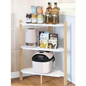 Wisuce Kitchen Counter Shelf Organizer - 3 Tier Spice Rack Free-Standing Bamboo Corner Shelf Countertop Organization (Nature-White)