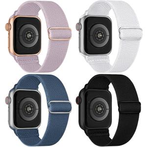 4 Pack Stretchy Solo Loop Compatible with Apple Watch Band 38mm 40mm 41mm 42mm 44mm 45mm 46mm 49mm Women Men, Sport Nylon Elastic Straps Braided Wristbands for iWatch Series 10 9 8 7 6 5 4 3 Ultra SE (Black/White/LavenderGrey/Blue)