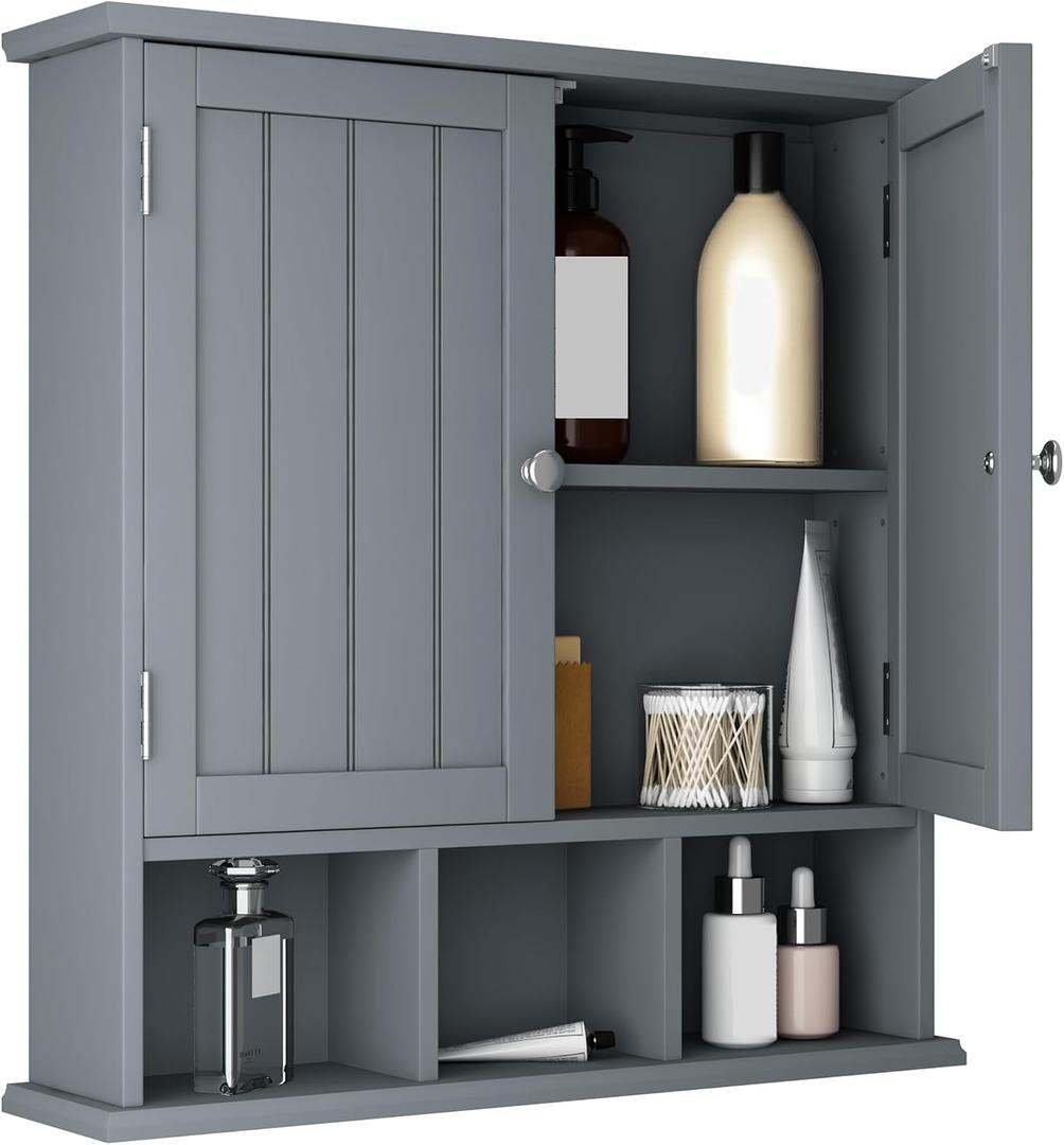 ChooChoo Bathroom Cabinet Wall Mounted 2-Door with 3 Open Shelves, Wooden Medicine Cabinets with Adjustable Shelf, Space Saver Storage Cabinets Over The Toilet for Bathroom&Living Room, Grey, 5.1"d X 21.5"w X 22"h