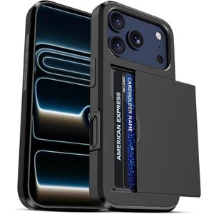 Jiunai for iPhone 17 Pro Case Wallet Card Holder for 2 Cards CC IDs License Hidden Slide Card Slot Pocket Hybrid Protective Phone Case for iPhone 17 Pro 6.3 2025 Women Men - Black
