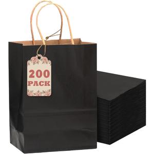 qiqee 200-Packs Black Paper Gift Bags with Handles Bulk 8.3"x6"x3.15" Small Size Paper Bags Multiple Uses