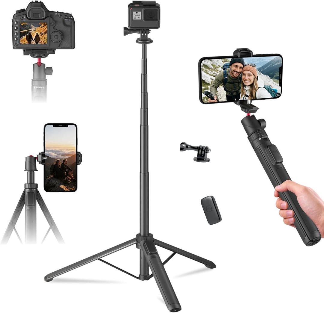 KINGJOY Selfie Stick Tripod for Gopro Camera, 66" Extendable Tripod Stand with 360 Ball Head, Lightweight Camera Tripod for Max Hero 13 12 11 10 DJI OSMO Pocket3 Insta360 Action Camera
