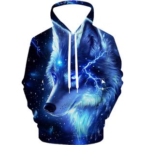 Black 80s 90s Pullover Hoodie 3D Novelty Graphic Hooded Sweatshirt Hoodies for Men, Medium, Blue Lightning Wolf