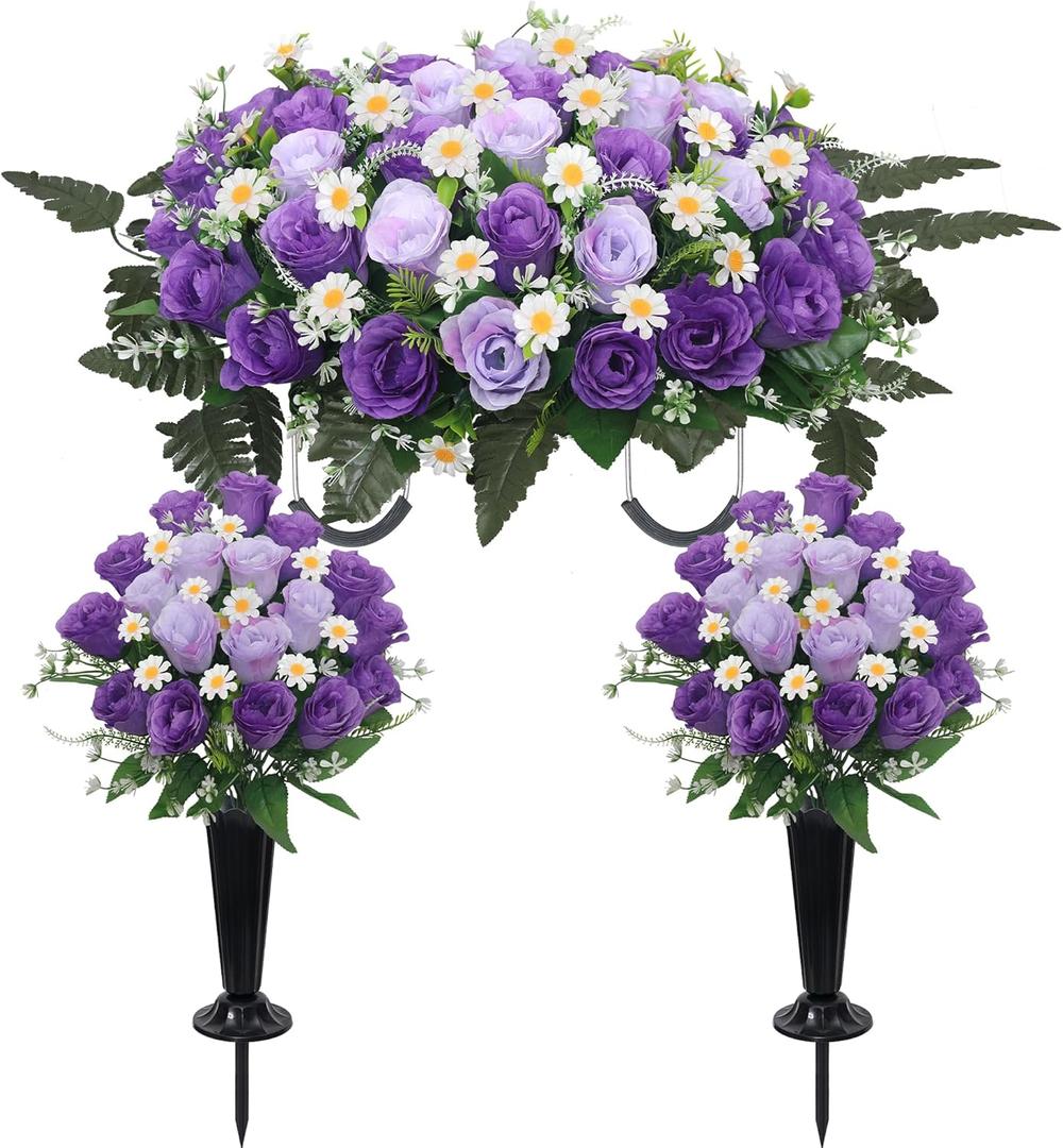 Wocst Headstone Flower Saddle,Large Artificial Cemetery Flowers for Grave 2Pack Artificial Silk Roses Daisy Bouquets with Cemetery Vases for Outdoor Grave Decorations (Purple)