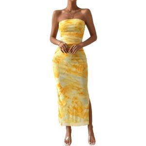 Women's Summer Strapless Dresses 2025 Maxi Bodycon Tube Top Dress Floral Beach Vacation Clothes for Women, Size S (Yellow)