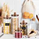 Gerrii Glass Storage Jars Set of 4, Clear Food Storage Containers with Wooden Lids Airtight Kitchen Canisters with Sticker and Chalk for Candy Cookie Rice Sugar Flour Pasta Nuts Beans Spice, 4 Sizes
