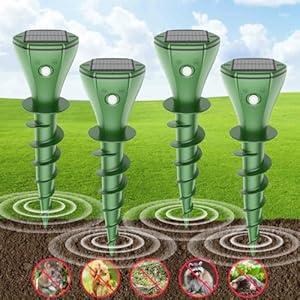 4 Pack Mole Repellent Solar Powered, Snake & Skunk & Vole & Gopher & Armadillo & Rabbit & Groundhog & Chipmunk Repellent for Yard, IP 65 Waterproof Outdoor Ultrasonic Deterrent for Lawns Garden