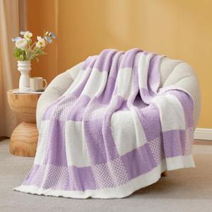 Snuggle Sac Checkered Blanket, Lilac Purple Throw Blanket for Couch Plaid Microfiber Fluffy Warm Cozy Fuzzy Soft Throw Blanket Reversible Checkerered Blankets for Sofa, Chair, Bed, 50x60 inches