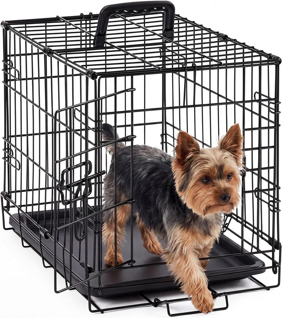 DUMOS Dog Crate, 18 Inch Small Single Door Dog Cage with Plastic Leak-Proof Pan Tray, Folding Metal Wire Pet Kennel for Indoor, Outdoor, Travel, Black