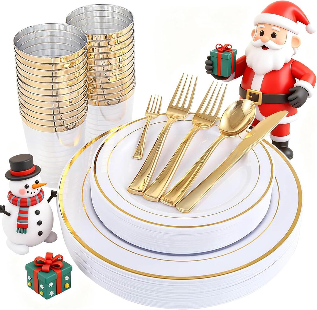 WDF 25Guest Gold Plastic Plates - Heavy Duty Christmas Plastic Plates Dinnerware - Include 25 Dinner Plate 25 Salad Plates 50 Forks 25 Knives 25 Spoons 25 Cups 25 Mini Forks for Christmas/Weddiing