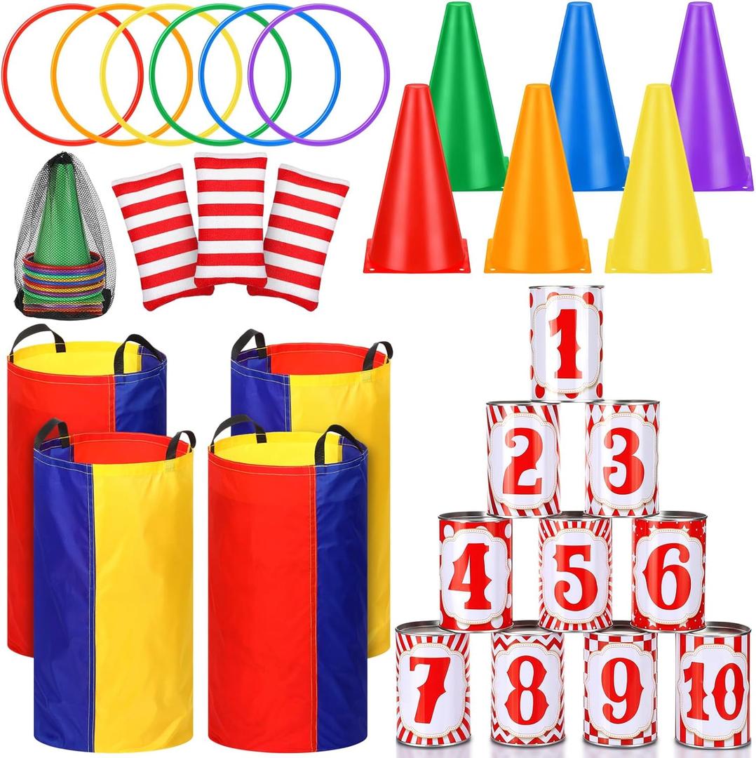 34 Pcs Carnival Play Set 5 in 1 Carnival Can Soft Plastic Cones Ring Toss Sport Bean Bag Toss Lawn Party Outdoor Supplies Birthday Party Backyard Events Summer